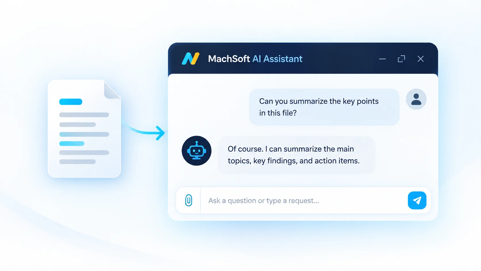 Illustrative MachSoft AI Assistant chat showing a user asking for a document summary; not a live customer conversation.