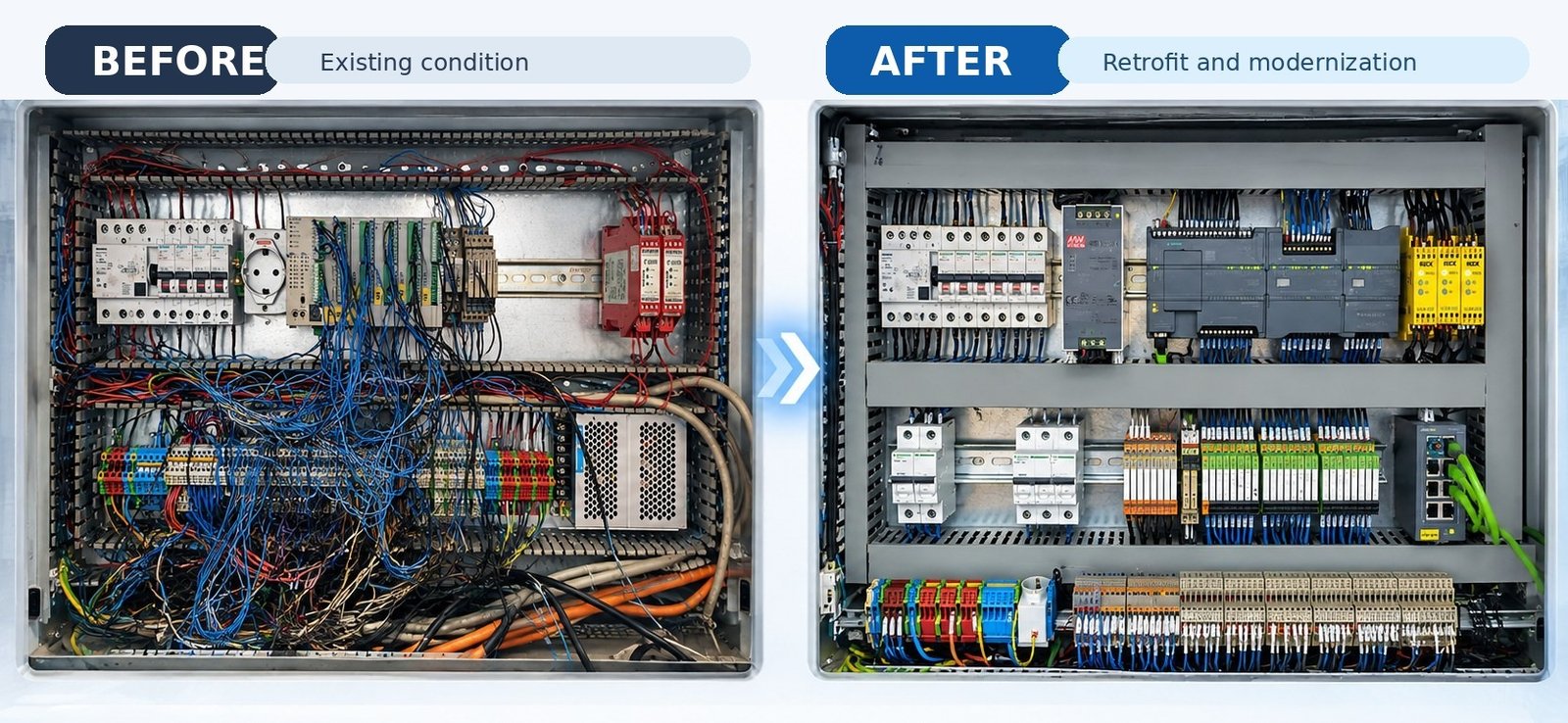 Before-and-after comparison showing a control-panel retrofit