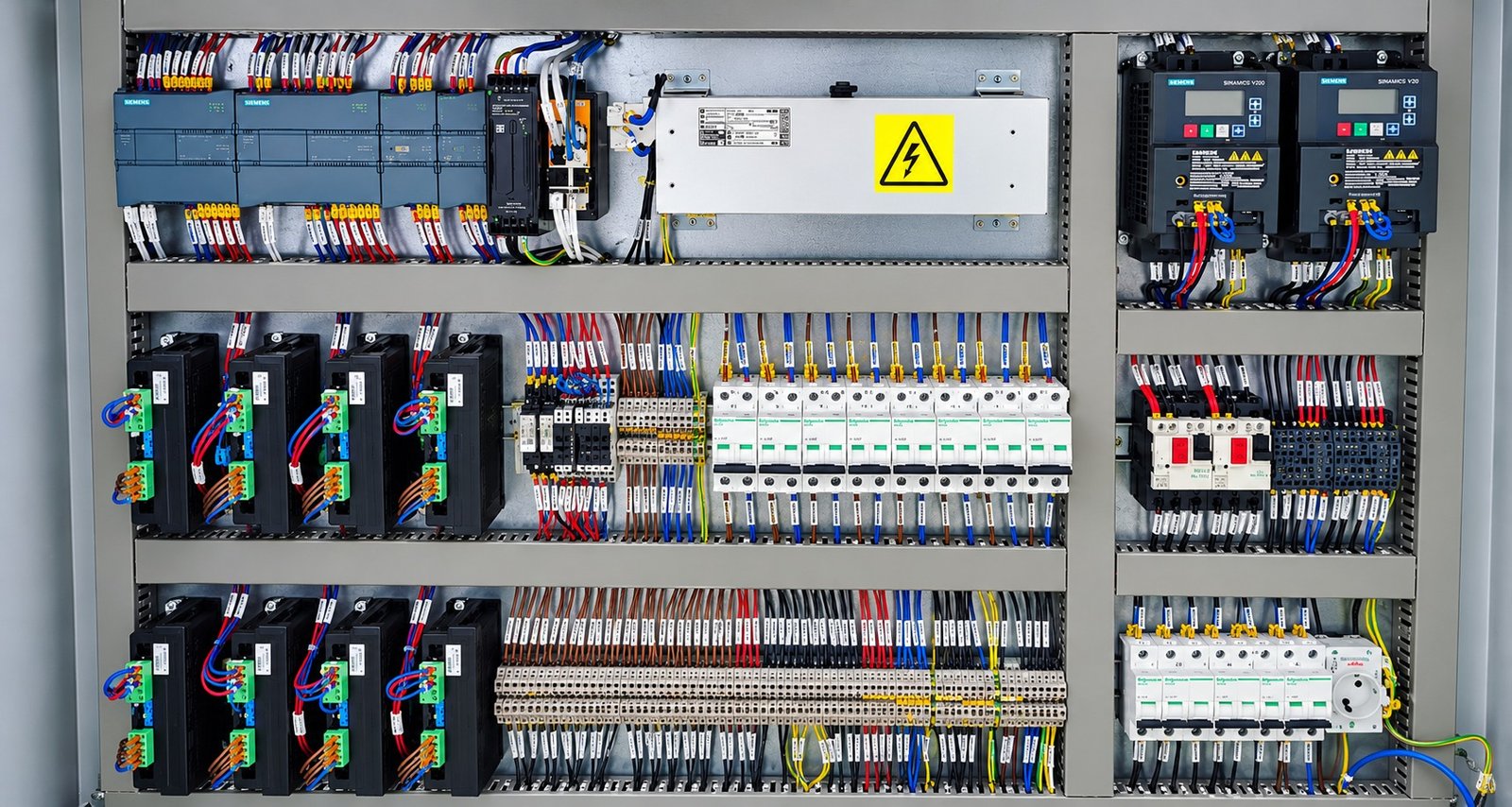 Industrial control cabinet with PLC and I/O modules, protective devices, drives and labeled wiring.