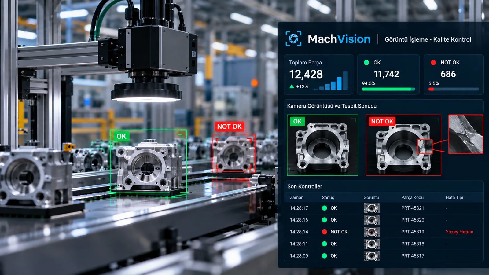 MachVision visual quality inspection interface showing OK and NOT OK classifications and a highlighted surface defect