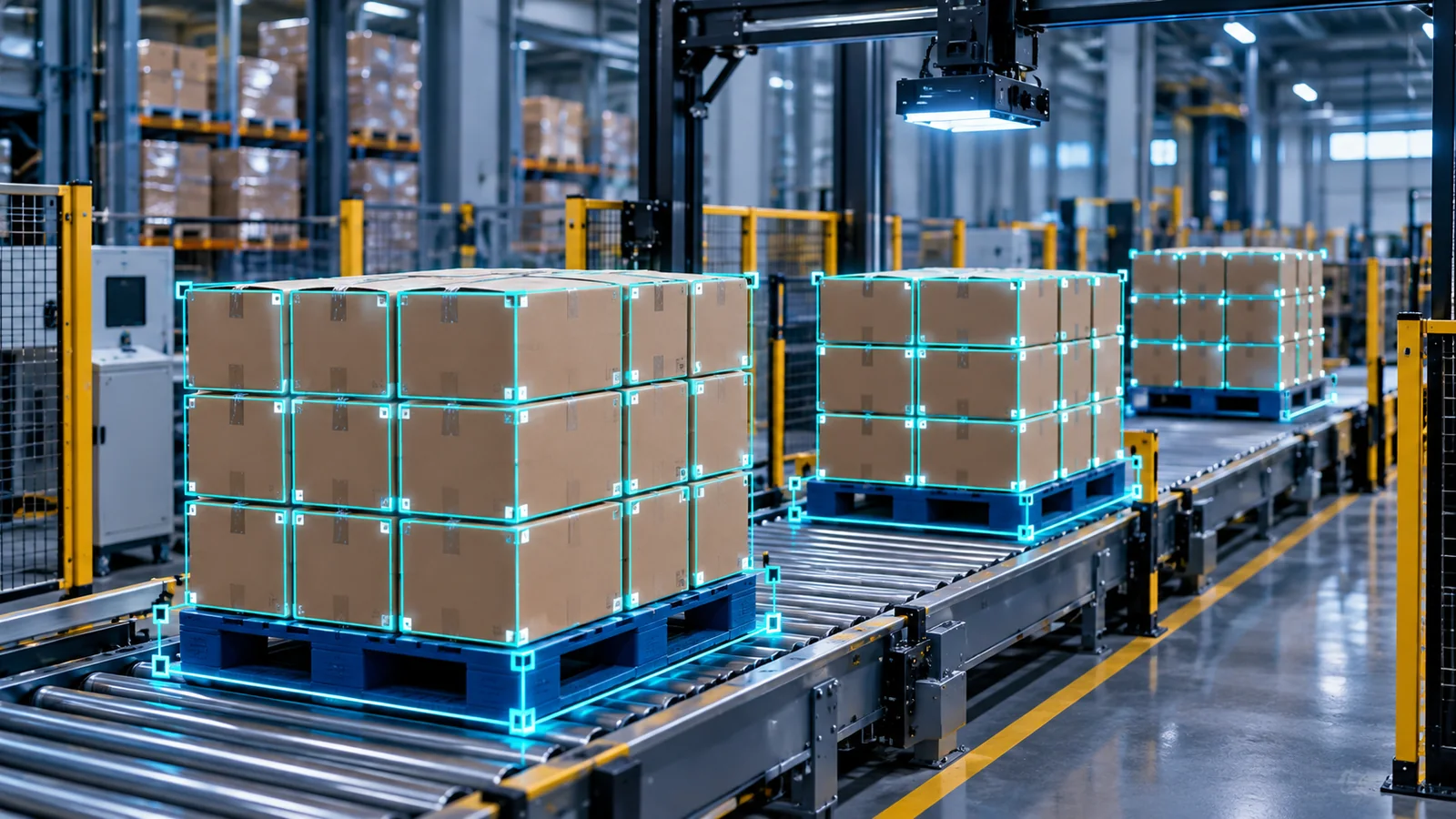 Computer-vision concept identifying boxes and pallets on a warehouse conveyor with cyan detection frames